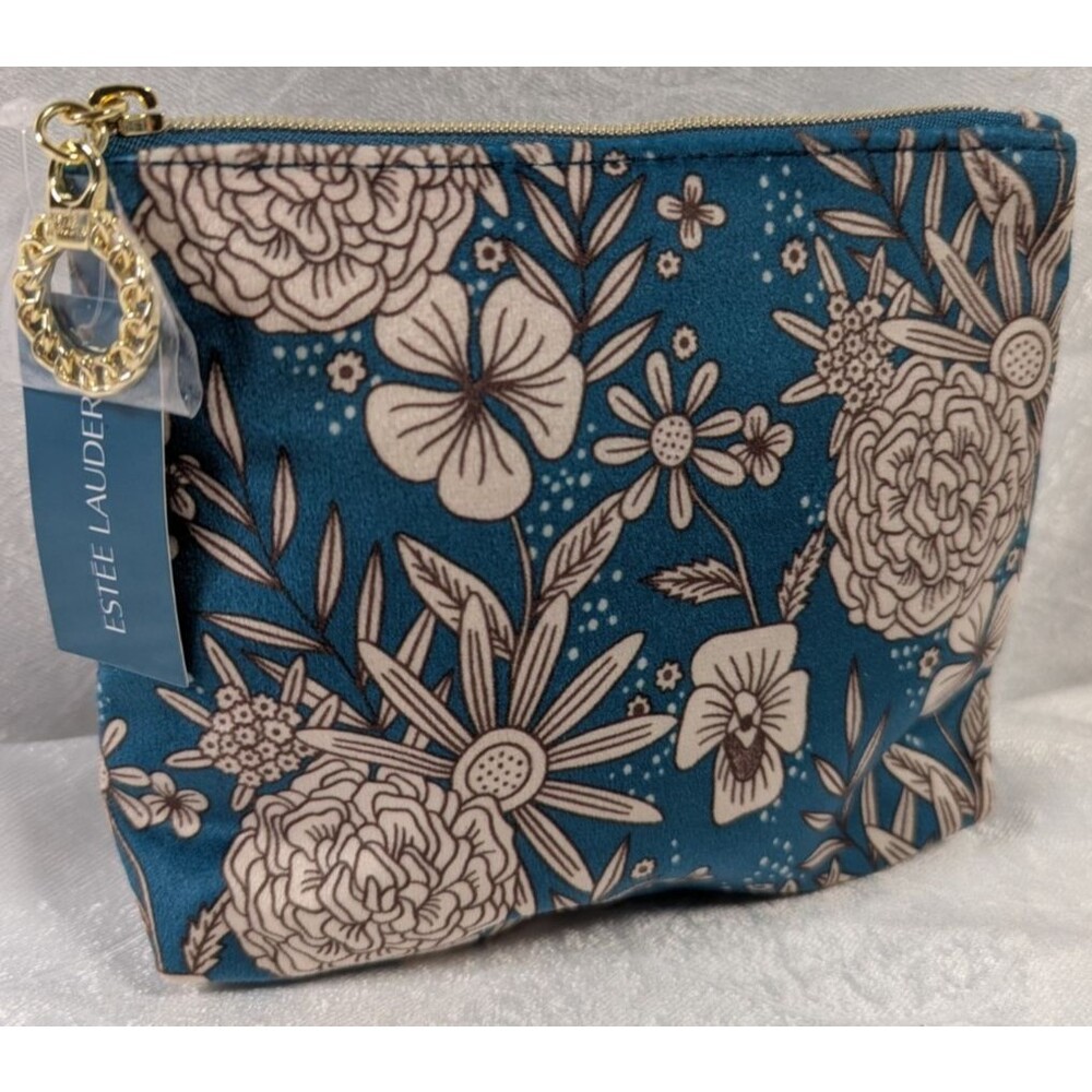 NWT Estée Lauder Recycled Floral Makeup Blue White Brown Zipper Cosmetic Pouch